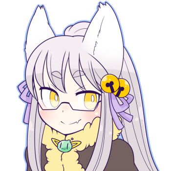 Rule 34 | 1girl, animal ear fluff, animal ears, bell, black-framed eyewear, brown cape, cape, closed mouth, commentary request, fang, fox ears, fox girl, fur-trimmed cape, fur trim, glasses, grey hair, hair bell, hair ornament, hair ribbon, high ponytail, jingle bell, long hair, looking at viewer, oekakipikki, official alternate costume, ponytail, poporing, portrait, purple ribbon, ragnarok online, ribbon, semi-rimless eyewear, simple background, skin fang, smile, solo, under-rim eyewear, warlock (ragnarok online), white background, yellow eyes