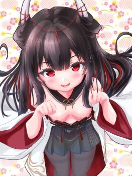 1girl azur_lane bare_shoulders black_hair black_pantyhose black_skirt blush breasts cleavage colored_inner_hair floral_background hatsuzuki_(azur_lane) highres horns jacket japanese_clothes loli long_hair looking_at_viewer multicolored_hair open_mouth pantyhose red_eyes red_hair skirt small_breasts smile sumomotarte123 two-tone_hair very_long_hair white_background white_horns white_jacket