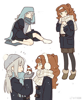 Rule 34 | 2girls, aged down, bag, black coat, black pantyhose, blue scarf, blush, boots, brown shorts, bumian mei, chinese commentary, coat, commentary request, earmuffs, full body, gloves, green eyes, grey gloves, grey hat, hat, head tilt, headband, highres, holding snowman, long hair, long skirt, looking at another, multiple girls, multiple views, orange hair, pantyhose, plaid clothes, plaid scarf, profile, reverse:1999, scarf, scarf on head, shorts, sidelocks, sitting, skirt, sleeves past fingers, sleeves past wrists, snow, socks, sonetto (reverse:1999), swept bangs, two side up, vertin (reverse:1999), watermark, weibo watermark, white background, white eyes, white hair, white headband, white socks, yuri