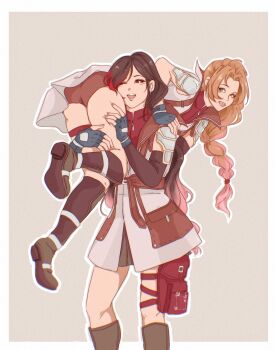 2girls absurdres aerial_fireworks armor ass black_gloves black_hair black_skirt boots border braid brown_background brown_boots brown_hair carrying_over_shoulder cosplay earrings elbow_gloves final_fantasy final_fantasy_vii final_fantasy_vii_ever_crisis fingerless_gloves fireworks gloves gradient_hair green_eyes grey_vest highres holster jewelry lightning_farron lightning_farron_(cosplay) long_hair multicolored_hair multiple_girls official_alternate_costume one_eye_closed open_mouth parted_bangs pink_hair red_eyes red_hair shanlieart shoulder_armor single_braid skirt smile thigh_holster tifa_lockhart vest white_border