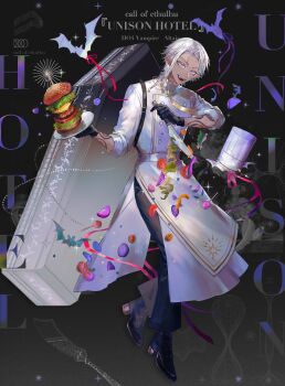 Rule 34 | 1boy, :d, absurdres, apron, arm tattoo, bat (animal), black background, black gloves, black pants, black shoes, braid, brooch, burger, buttons, call of cthulhu, candy, character name, chef, chef hat, coffin, copyright name, curtained hair, dark-skinned male, dark skin, double-breasted, ear piercing, earrings, falling food, fangs, flat top chef hat, food, full body, gloves, hat, highres, holding, holding knife, holding plate, jewelry, kitchen knife, knife, lettuce, lollipop, looking at viewer, male focus, neck ribbon, onion, open mouth, pants, parted bangs, piercing, pink ribbon, plate, pointy ears, purple eyes, purple ribbon, red ribbon, reverse grip, ribbon, robe, shoes, short hair, side braid, sleeves rolled up, smile, solo, standing, star brooch, tattoo, teeth, tomato, tomato slice, ttarou110, unworn hat, unworn headwear, vampire, waist apron, white apron, white hair, white hat, white robe, yellow ribbon