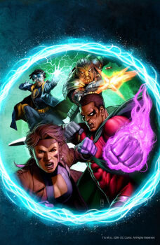 00s 1girl 2009 3boys armor black_hair breasts brown_hair cape circle cleavage cleavage_cutout clenched_hand clothing_cutout dark-skinned_male dark_skin dated dc_comics domino_mask dreadlocks earrings electricity eye_mask flying gloves glowing glowing_eyes goggles gun hardware helmet icon_(dc) jacket jewelry looking_at_viewer magic mask milestone_comics multiple_boys open_mouth raquel_ervin rocket_(dc) short_hair static_shock superhero_costume thigh_strap virgil_ovid_hawkins weapon