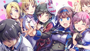 Rule 34 | 1boy, 6+girls, arm hug, black hair, blonde hair, blue eyes, breasts, brown eyes, brown hair, depressed, doctor, dress, embarrassed, flustered, gal guardians, gal gun (series), game cg, game screenshot, gelbooru sample, grey eyes, half-closed eyes, harem, heart, heart-shaped pupils, hug, image sample, inti creates, kamizono maya, kamizono shinobu, large breasts, mask, mask on head, mature female, multiple girls, official art, one eye closed, open mouth, outstretched arm, pimp, pink eyes, purple hair, school uniform, short hair, small breasts, smile, sweatdrop, symbol-shaped pupils, tears, thick thighs, thighs, turn pale, twintails, yuri
