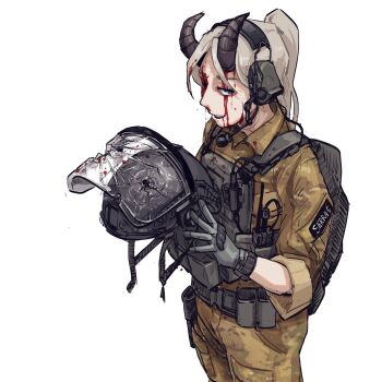 1girl ammunition_pouch belt black_belt black_gloves black_helmet blood blood_on_clothes blood_on_face blood_on_helmet blood_splatter bloody_tears blue_eyes brown_pants brown_shirt bulletproof_vest camouflage camouflage_pants combat_helmet demon_horns earmuffs epakim gloves grey_hair gunshot_wound helmet high_ponytail highres holding holding_unworn_helmet holster horns injury long_hair long_sleeves looking_at_viewer microphone military_combat_uniform military_uniform nosebleed original pants parted_bangs patch ponytail pouch radio scar scar_across_eye scar_on_face shirt simple_background sleeves_rolled_up smile solo unworn_headwear unworn_helmet visor_(armor) white_background