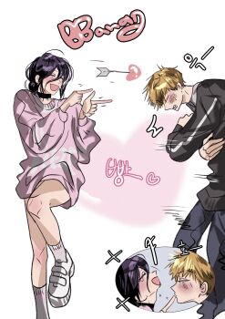 1boy 1girl arrow_through_heart black_choker black_jacket blonde_hair blush busuttt chainsaw_man choker clenched_teeth closed_eyes closed_mouth couple crossed_arms denji_(chainsaw_man) finger_to_another&#039;s_mouth hair_between_eyes hair_bun happy_tears hetero highres jacket medium_hair open_mouth pink_sweater pointing pointing_at_another purple_hair reze_(chainsaw_man) shoes short_hair smile sneakers socks sweater tears teeth updo white_shoes white_socks