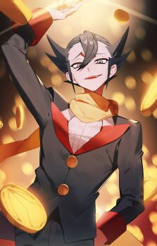 1boy absurdres arm_up black_hair black_jacket black_pants black_suit buttons ccf2q coin commentary_request cowboy_shot formal_clothes grey_eyes grimsley_(pokemon) hair_between_eyes highres jacket long_sleeves male_focus nintendo pants parted_lips pokemon pokemon_bw scarf shirt sleeve_cuffs smile solo spiked_hair suit white_shirt yellow_scarf