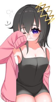 1girl ? alt_0218 black_hair blush crown glasses highres kirby_(series) kirby_64 long_hair looking_at_viewer nintendo one_eye_closed ripple_star_queen signature simple_background sleepwear sleepy sleeves_past_fingers sleeves_past_wrists white_background