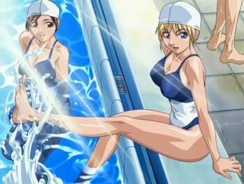 00s 2005 2girls anime_screenshot ass barefoot bible_black bible_black_only blonde_hair breasts brown_hair curvy day highleg highleg_one-piece_swimsuit large_breasts light_rays lowres multiple_girls one-piece_swimsuit pool purple_eyes saeki_kaori shiny_skin smile splashing sunbeam sunlight swimsuit tagme two-tone_swimsuit