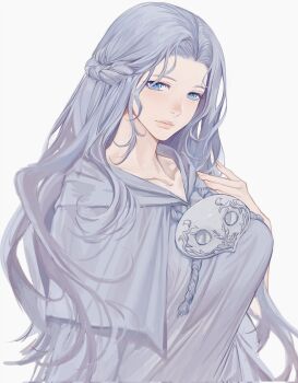 17171771_4u 1girl blue_eyes braid drawstring final_fantasy final_fantasy_xiv grey_hair grey_robe half_up_braid hand_on_own_chest highres looking_at_viewer mask mask_around_neck robe simple_background solo sophist&#039;s_robe_(ff14) unworn_mask upper_body venat_(ff14) white_background