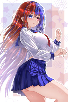1girl absurdres alternate_costume ass blue_eyes blue_hair blue_sailor_collar blue_skirt blush braid breasts commentary_request crossed_bangs crown_braid female_alear_(fire_emblem) fire_emblem fire_emblem_engage hair_between_eyes heterochromia hexagon highres large_breasts long_hair long_sleeves looking_at_viewer multicolored_hair neckerchief nintendo parted_lips pleated_skirt red_eyes red_hair red_neckerchief sailor_collar school_uniform shirt skirt solo split-color_hair thighs two-tone_hair very_long_hair wade_(njud8343) white_shirt