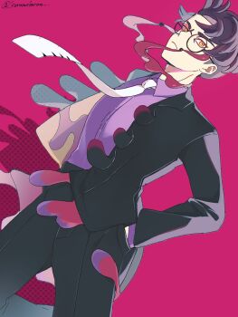 1boy absurdres black-framed_eyewear black_hair black_jacket black_pants closed_mouth collared_shirt corbeau_(pokemon) eyewear_strap frown glasses hands_in_pockets highres jacket koromokoron long_sleeves looking_at_viewer male_focus necktie nintendo open_clothes open_jacket pants parted_hair pokemon pokemon_legends:_z-a purple_hair purple_shirt round_eyewear shirt short_hair short_sideburns solo undercut white_necktie yellow_eyes