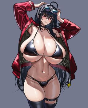 Rule 34 | 1girl, absurdres, ahoge, azur lane, bikini, black bikini, black choker, black hair, black thighhighs, blush, breasts, choker, cleavage, collarbone, copyright name, crossed bangs, eyewear on head, gigantic breasts, hair between eyes, hair ornament, highleg, highleg bikini, highres, jacket, long hair, looking at viewer, multi-strapped bikini bottom, multi-strapped bikini top, navel, official alternate costume, race queen, red eyes, red jacket, smile, solo, sunglasses, swimsuit, taihou (azur lane), taihou (enraptured companion) (azur lane), thighhighs, very long hair, wolffeld price