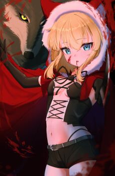 Rule 34 | 1girl, absurdres, animal, animal ears, belt, black gloves, black panties, black ribbon, black shorts, black souls, blonde hair, blood, blood on face, bloody knife, blue eyes, breasts, cape, cleavage, corset, cowboy shot, elbow gloves, fake animal ears, fur-trimmed hood, fur trim, gloves, grey fur, hair between eyes, hashtag-only commentary, high-waist panties, highres, holding, holding knife, hood, knife, lace trim, looking at viewer, mayou940114, midriff, navel, open mouth, panties, pointing, pointing at viewer, pointing melee weapon, poro (black souls), red cape, red hood, red hood's woods, red hood (black souls), ribbon, shorts, sidelocks, small breasts, underboob, underwear, wolf, yellow eyes