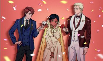 1girl 2boys amuro_ray bindi black_hair blonde_hair blue_eyes bow bowtie brown_eyes brown_hair cape char_aznable commentary commentary_request cowboy_shot dark-skinned_female dark_skin dress english_commentary flower formal_clothes green_eyes gundam gundam_gquuuuuux hair_ribbon hand_on_own_hip highres holding holding_flower jacket lalah_sune long_sleeves mixed-language_commentary mobile_suit_gundam multiple_boys necktie ribbon shirt short_hair smile yellow_dress yy0880yy