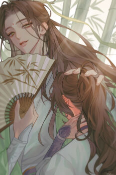 2boys absurdres age_difference aged_down bamboo bamboo_forest bamboo_print bindi bishounen blush brown_hair chinese_clothes coat eyelashes folding_fan forest green_coat green_eyes green_ribbon haed_u hand_fan hand_on_another's_head hanfu headpat highres holding holding_fan korean_commentary long_hair long_sleeves looking_at_viewer luo_binghe male_focus multiple_boys nature open_clothes open_coat parted_lips ponytail renzha_fanpai_zijiu_xitong ribbon ribboned_xiao_guan shen_qingqiu smile upper_body white_hanfu xiao_guan_(headdress) yaoi