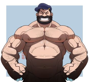 1boy abs arm_hair bara beard black_hair blue_hat bluto clenched_teeth closed_eyes commentary_request facial_hair full_beard hat kumao-caffe large_hands large_pectorals male_focus muscular muscular_male navel nipples pectorals popeye_the_sailor solo sparse_chest_hair teeth veins veiny_arms