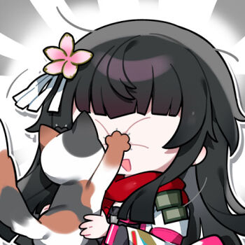 Rule 34 | 1girl, animal, artist request, black hair, cat, chibi, chibi only, girls' frontline, girls' frontline 2: exilium, hair ornament, holding, holding animal, holding cat, lowres, official art, red scarf, sakura (girls' frontline 2), scarf, second-party source, solo, type 100 (girls' frontline)