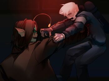 Rule 34 | 2boys, anglerfish boy, black sclera, blood, blood from mouth, blood on clothes, blood on face, blue eyes, br not here, brown coat, brown hair, coat, colored sclera, extra eyes, fingerless gloves, fins, fish boy, gloves, glowing, glowing eyes, head fins, illicium, indoors, jumpsuit, looking at another, male focus, monster boy, multiple boys, murder, player character (roblox), pressure (roblox), sebastian solace, short hair