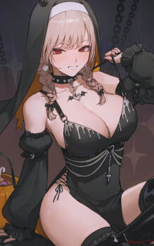 1girl absurdres alternate_costume black_coif black_collar black_dress black_nails black_ribbon black_sleeves black_thighhighs blush braid breasts brown_hair chain choppy_bangs cleavage collar commentary_request cross demon_horns detached_sleeves dress furen_e_lustario guimpe hair_ribbon halloween_bucket halloween_costume highres horns large_breasts looking_at_viewer medium_hair nail_polish nijisanji pelvic_curtain red_eyes ribbon side-tie_dress signature sleeve_belt sleeveless sleeveless_dress smile solo sooon spiked_collar spikes strap_pull teeth thighhighs thighs twin_braids virtual_youtuber