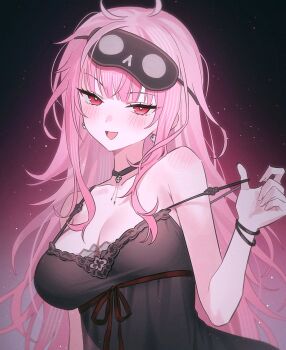 1girl bare_arms bare_shoulders black_choker black_nightgown breasts chemise choker cleavage collarbone earrings fymrie hand_up heart heart-shaped_pupils highres hololive hololive_english jewelry long_hair looking_at_viewer mask mask_on_head medium_breasts messy_hair mori_calliope nightgown open_mouth pink_hair pulling_own_clothes red_eyes red_ribbon rei_no_himo ribbon see-through_silhouette sidelocks sleep_mask sleeveless smile solo spaghetti_strap strap_gap strap_pull symbol-shaped_pupils upper_body very_long_hair virtual_youtuber wristband