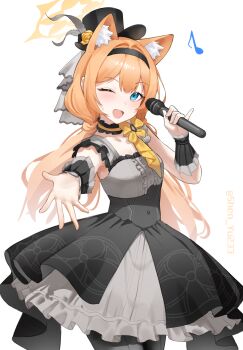 Rule 34 | 1girl, absurdres, animal ear fluff, animal ears, black choker, black hairband, black hat, black pantyhose, black skirt, blue archive, blue eyes, blush, cat ears, cat girl, choker, commentary, extra ears, flower, frilled choker, frills, grey ribbon, grey shirt, hair between eyes, hairband, hat, hat feather, hat flower, hat ribbon, high-waist skirt, highres, holding, holding microphone, long hair, looking at viewer, low twintails, mari (blue archive), mari (idol) (blue archive), microphone, mini hat, mini top hat, official alternate costume, official alternate hairstyle, orange hair, pantyhose, petticoat, reaching, reaching towards viewer, ribbon, shen yu233, shirt, skirt, sleeveless, sleeveless shirt, solo, top hat, twintails, wrist cuffs, yellow eyes, yellow flower