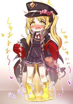 1girl black_coat black_hat black_ribbon black_tail black_wings blonde_hair bloomers blue_archive blue_dress blush boots bow coat commentary crime_prevention_buzzer demon_tail demon_wings dress embarrassed full_body gradient_background hair_ribbon halo hands_up hat hat_bow hayasaka_(neoneet) heart highres ibuki_(blue_archive) loli long_hair long_sleeves neck_ribbon nose_blush open_clothes open_coat open_mouth peaked_cap pee pee_puddle peeing peeing_self pinafore_dress pink_bow plaid_bow pointy_ears red_ribbon ribbon rubber_boots side_ponytail sleeveless sleeveless_dress sleeves_past_fingers sleeves_past_wrists solo sound_effects standing steam tail tearing_up tears underwear white_bloomers wings yellow_boots yellow_eyes yellow_halo
