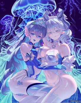 2girls bare_shoulders blue_leotard bra breasts clothing_cutout collarbone corrupted_twitter_file cowboy_shot drill_hair duel_monster garter_straps grey_eyes grey_hair highres kitkallos_(yu-gi-oh!) large_breasts leotard lipstick_mark long_hair lovely_labrynth_of_the_silver_castle multiple_girls navel panties pointy_ears rare_lemon slit_pupils stomach_cutout twin_drills underwear white_bra white_panties yu-gi-oh! yuri