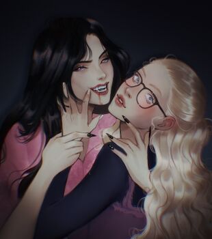 Rule 34 | 2girls, anita lesnecki, black hair, blonde hair, blood on mouth, blue eyes, fangs, fingernails, gittanart, glasses, highres, jennifer's body, jennifer check, long sleeves, multiple girls, pink shirt, red pupils, sharp fingernails, shirt, yuri