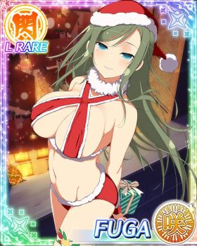 1girl bikini blue_eyes border breasts card_(medium) christmas cleavage fuga_(senran_kagura) fur-trimmed_bikini fur-trimmed_headwear fur_trim game_cg gift green_hair hat holding holding_behind_back holding_gift large_breasts long_hair looking_up merry_christmas mole mole_under_eye navel non-web_source official_alternate_costume official_alternate_hairstyle official_art outdoors red_bikini red_hat rooftop santa_bikini santa_costume santa_hat senran_kagura senran_kagura_new_wave smile solo swimsuit