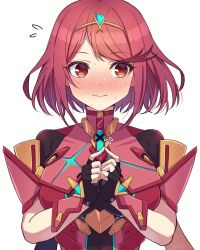 Rule 34 | 1girl, @ @, black gloves, black leotard, blush, breasts, closed mouth, commentary request, fingerless gloves, flying sweatdrops, gloves, hands up, headpiece, highres, large breasts, leotard, motion lines, nose blush, pyra (xenoblade), red eyes, red hair, red leotard, shinae, short hair, simple background, solo, sweat, swept bangs, upper body, wavy mouth, white background, xenoblade chronicles (series), xenoblade chronicles 2