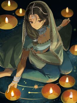 Rule 34 | 1girl, barefoot, black background, black hair, blue pants, blue shirt, bracelet, breasts, cleavage, facial mark, fire, foot out of frame, forehead mark, from above, hair ornament, highres, holding lamp, indian, jewelry, kaalaa baunaa, looking at viewer, medium hair, midriff, nnicoinu, oil lamp, pants, purple eyes, reverse:1999, shirt, short sleeves, sitting, smile, solo, veil, yellow veil, yokozuwari