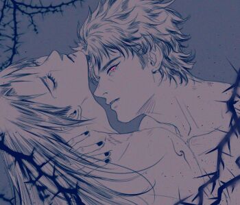 2boys adam's_apple bite_mark bite_mark_on_shoulder closed_eyes closed_mouth collarbone commentary english_commentary fingernails greyscale hand_on_another's_back hands_on_another's_neck highres long_hair looking_at_viewer male_focus momoyoru1 monochrome multiple_boys naruto_(series) naruto_shippuuden nude parted_lips red_eyes short_hair spot_color teeth uchiha_itachi uchiha_shisui yaoi