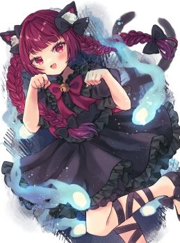 1girl :d animal_ear_fluff animal_ears asymmetrical_footwear bell bib_collar black_bow black_dress black_ribbon black_shoes blunt_bangs blush bow bowtie braid cat_ears cat_girl cat_tail commentary_request dress frilled_dress frilled_shirt_collar frilled_sleeves frills hair_bow highres jaku_sono jingle_bell kaenbyou_rin leg_ribbon long_hair looking_at_viewer multiple_hair_bows multiple_tails nekomata open_mouth paw_pose puffy_short_sleeves puffy_sleeves red_bow red_bowtie red_eyes red_hair ribbon shoes short_sleeves signature smile solo spirit standing standing_on_one_leg tail touhou twin_braids two_tails white_background