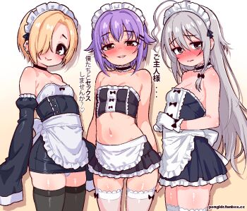 3girls ahoge apron blonde_hair blush breasts choker grey_hair hair_over_one_eye hoshi_syoko idolmaster idolmaster_cinderella_girls koshimizu_sachiko loli long_hair looking_at_viewer maid maid_headdress multiple_girls navel pongldr purple_hair shirasaka_koume short_hair sleeves_past_wrists small_breasts smile thighhighs translation_request zettai_ryouiki