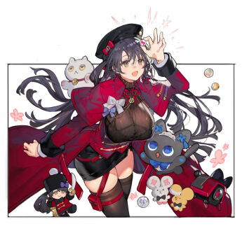 1girl black_hair black_hat black_skirt bow breasts brown_eyes brown_thighhighs character_doll chinese_commentary cleavage commentary_request dinergate_(girls&#039;_frontline) doll girls&#039;_frontline girls&#039;_frontline_neural_cloud hat hat_bow large_breasts lewis_(girls&#039;_frontline) lewis_(neural_cloud) marble_(toy) open_mouth outside_border pencil_skirt red_bow skirt solo starshadowmagician thighhighs