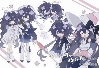 &gt;_&lt; 2girls :d :o ^_^ absurdres ahoge bai_xiong_nailaojuan black_bow blue_jacket blue_shoes blush_stickers bow brown_shoes candy character_name chibi closed_eyes closed_mouth double-parted_bangs dress food full_body hair_between_eyes hair_bow hair_intakes hat hat_bow highres holding holding_candy holding_food holding_lollipop jacket lollipop long_hair long_sleeves mihuashi_username multiple_girls multiple_views one_eye_closed open_mouth original purple_eyes purple_hair shoes smile standing striped_bow thighhighs white_background white_bow white_dress white_hat white_thighhighs