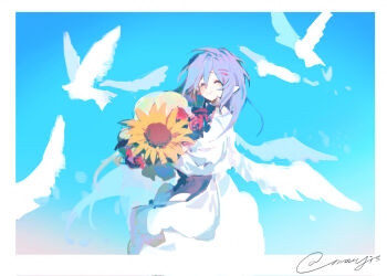 1girl artist_self-insert blue_hair blue_sky bouquet closed_eyes closed_mouth cowboy_shot dress facing_viewer flower highres holding holding_bouquet long_hair low_wings mouyimouyi original pointy_ears signature sky smile solo white_dress white_wings wings