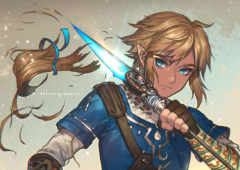 1boy arrow_(projectile) blonde_hair blue_eyes champion's_tunic_(zelda) commentary cutting_hair cutting_own_hair gloves kawacy link male_focus nintendo pointy_ears severed_hair solo the_legend_of_zelda the_legend_of_zelda:_breath_of_the_wild