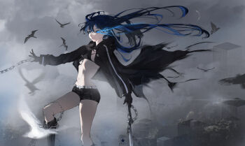 absurdres belt bikini black_coat black_rock_shooter black_rock_shooter_(character) black_shorts blue_fire blue_hair building chain coat cr3st0 fire flaming_eye front-tie_bikini_top front-tie_top glowing glowing_eye highres long_hair no_shirt open_clothes open_coat pale_skin scar shorts swimsuit sword twintails uneven_twintails weapon