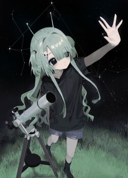 Rule 34 | 1girl, absurdres, alien, altair (star), antennae, aquila (constellation), arm up, black eyes, black hoodie, black sky, blunt bangs, constellation, cygnus (constellation), deneb (star), eyes visible through hair, grass, green hair, hair intakes, hair over one eye, hayu (hayu0305), highres, hood, hood down, hoodie, long bangs, long hair, lyra (constellation), night, original, outdoors, revision, short-sleeved sweater, short sleeves, shorts, sidelocks, sky, solo, standing, star (sky), starry sky, sweater, telescope, triangle, vega (star), very long hair