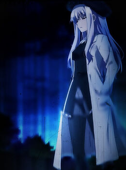1girl black_hat black_pantyhose breasts caren_hortensia closed_eyes closed_mouth coat collared_coat fate/kaleid_liner_prisma_illya fate_(series) female_focus hands_in_pockets hat lab_coat large_breasts leotard long_hair long_sleeves no_pants pantyhose sexually_suggestive solo solo_focus white_coat white_hair white_leotard