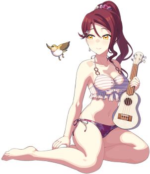1girl arm_support bikini bird breasts brown_eyes cleavage closed_mouth collarbone hair_ornament hairclip holding holding_instrument holding_ukulele instrument long_hair love_live! love_live!_sunshine!! medium_breasts navel ponytail red_hair sakurauchi_riko scrunchie sitting solo swimsuit ukulele waste-man