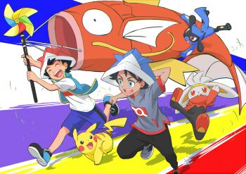 2boys absurdres arm_behind_head ash_ketchum black_hair black_pants blue_eyes closed_eyes commentary_request gen_1_pokemon gen_4_pokemon gen_8_pokemon goh_(pokemon) grass highres holding jacket looking_to_the_side magikarp multiple_boys nintendo open_mouth pants pikachu pokemon pokemon_(anime) pokemon_(creature) pokemon_journeys purple_shorts raboot riolu running shirt shoes short_sleeves shorts teeth tongue white_shirt yasuda_shuuhei