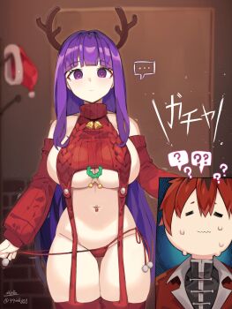 ... 1boy 1girl ? ?? absurdres alternate_costume artist_name bell belly_piercing blunt_bangs breasts closed_eyes closed_mouth commentary cowboy_shot ddg160 detached_sleeves fake_antlers fern_(sousou_no_frieren) halterneck hat hetero highres inset large_breasts long_hair long_sleeves looking_at_viewer navel navel_pasty navel_piercing neck_bell panties piercing purple_eyes purple_hair red_garter_straps red_hair red_panties red_sleeves red_sweater red_thighhighs santa_hat short_hair side-tie_panties sideboob sousou_no_frieren spoken_ellipsis spoken_question_mark standing stark_(sousou_no_frieren) stomach sweat sweater thigh_gap thighhighs twitter_username underwear undressing untying unworn_hat unworn_headwear virgin_destroyer_sweater wavy_mouth