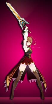 1girl absurdres ahoge boots braid braided_bun breasts brown_hair duvalie eiyuu_densetsu full_body green_eyes hair_bun hanabi_(byhanabi) high_heel_boots high_heels highres holding holding_sword holding_weapon looking_at_viewer medium_breasts pink_background sen_no_kiseki sen_no_kiseki_(series) sen_no_kiseki_i sen_no_kiseki_iv simple_background skirt smile solo sword thigh_boots weapon