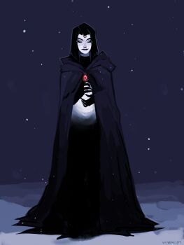 1girl bindi black_hair cloak closed_eyes dc_comics female_focus highres raven_(dc) snow solo standing teen_titans