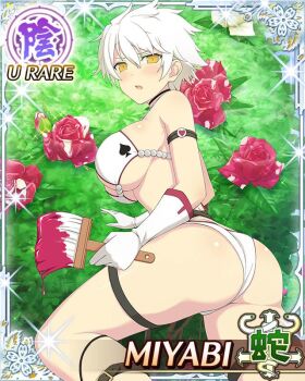 Rule 34 | 1girl, :o, armband, ass, belt buckle, bikini, blush, border, breasts, brown armband, buckle, card (medium), character name, cleavage, flower, game cg, gloves, grass, grey border, heart, holding, holding paintbrush, large breasts, leaf, leg belt, looking at viewer, looking back, miyabi (senran kagura), official art, open mouth, paint, paintbrush, pearl bikini, rose, school emblem, senran kagura, senran kagura new wave, short hair, sideboob, slit pupils, solo, spade (shape), sparkle, swimsuit, thigh strap, third-party source, underboob, white bikini, white flower, white gloves, white hair, white rose, yellow eyes
