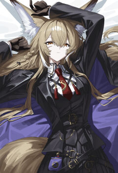 1girl absurdres animal_ear_fluff animal_ears arknights arms_up belt belt_buckle black_belt black_coat black_jacket black_skirt blazer blonde_hair braid brown_gloves buckle cheong_seol closed_mouth coat collared_shirt cowboy_shot facial_scar gloves hair_between_eyes highres jacket lapels long_hair long_sleeves looking_at_viewer lying multicolored_hair necktie o-ring o-ring_belt on_back pleated_skirt purple_coat red_necktie scar scar_on_cheek scar_on_face shirt skirt solo streaked_hair tail tassel two-sided_coat two-sided_fabric vulpisfoglia_(arknights) white_hair white_shirt yellow_eyes yellow_tail
