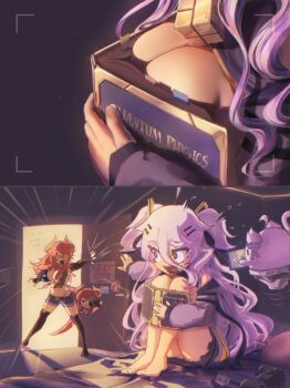 2girls american_flag american_flag_bikini american_flag_print are_you_winning_son?_(meme) barefoot bikini black_gloves black_thighhighs blue_bikini blue_shorts blush boobs_in_book_(meme) book breasts camera caution_tape cellphone cleavage controller door dragon_girl dragon_horns dragon_tail dress eughfish fingerless_gloves flag_print flag_print_bikini game_controller gecko_zen gloves grey_hair hair_ornament hair_ribbon hairpin hen_squad_(henya_the_genius) henya_the_genius henya_the_genius_(1st_costume) highres holding holding_book holding_camera holding_phone horns jacket keep_out knees large_breasts long_hair meme multicolored_bikini multiple_girls open_mouth phone print_bikini purple_dress purple_hair purple_jacket purple_ribbon red_bikini red_hair ribbon shorts sleeveless sleeveless_dress small_breasts smartphone swimsuit tail thighhighs two-tone_bikini two_side_up very_long_hair virtual_youtuber vshojo zentreya zentreya_(cowboy_bikini) zentreya_(dragon)