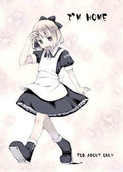 1girl ankle_boots apron black_dress blonde_hair boots bow donut dress expressionless food food_in_mouth full_body ganges_gawa hair_bow hand_up highres jitome kimuraya_anko looking_at_viewer petticoat puffy_short_sleeves puffy_sleeves short_hair short_sleeves solo ukagaka walking white_apron
